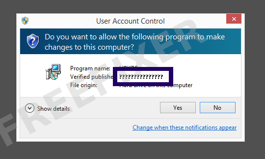 Screenshot where ??????????????? appears as the verified publisher in the UAC dialog